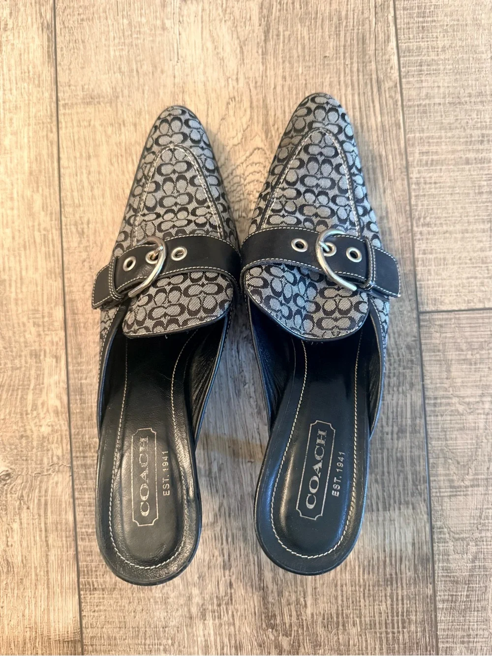 Vintage Coach Kitten Heel Mules Size 8.5 Black Gray Logo Design